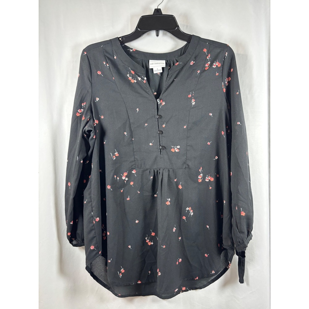 Liz Claiborne Womens Black Floral Split Neck Long Sleeve Tie Cuff Blouse Small